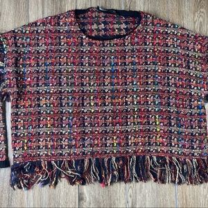 Zara woman sz S multi colored tweed fringe Crew neck Sweater Top